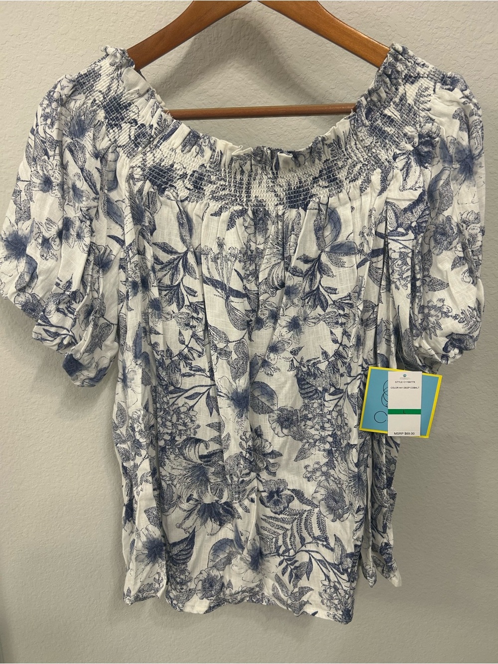 CeCe White Blouse with Blue Floral Print